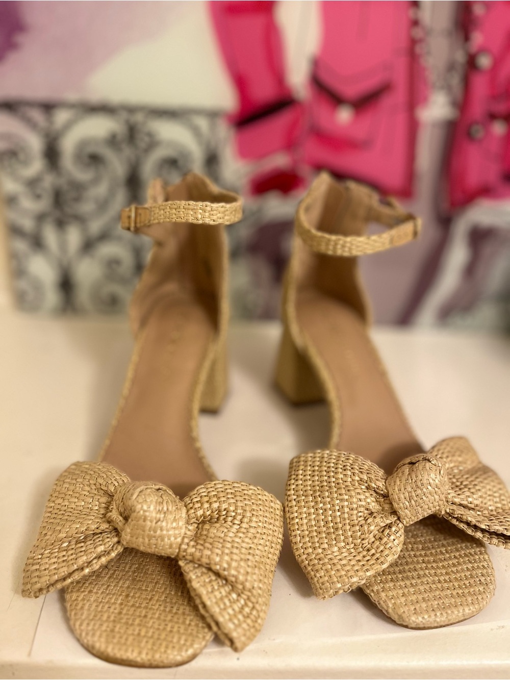 BCBGeneration Beige Woven Bow Ankle-Strap Block Heels - Size 6